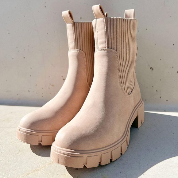 NEW Taupe Beige Chunky Lug Sole Platform Elastic Sock Ankle Chelsea Bootie Boots - Picture 11 of 14